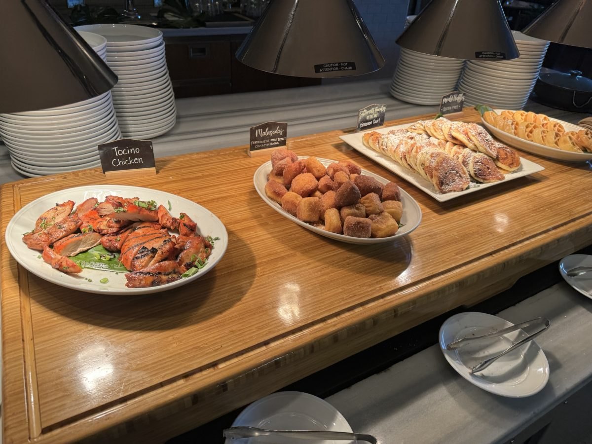 Tocino chicken, malasadas and baked French toast on the Ka’ana Kitchen breakfast buffet at Andaz Maui