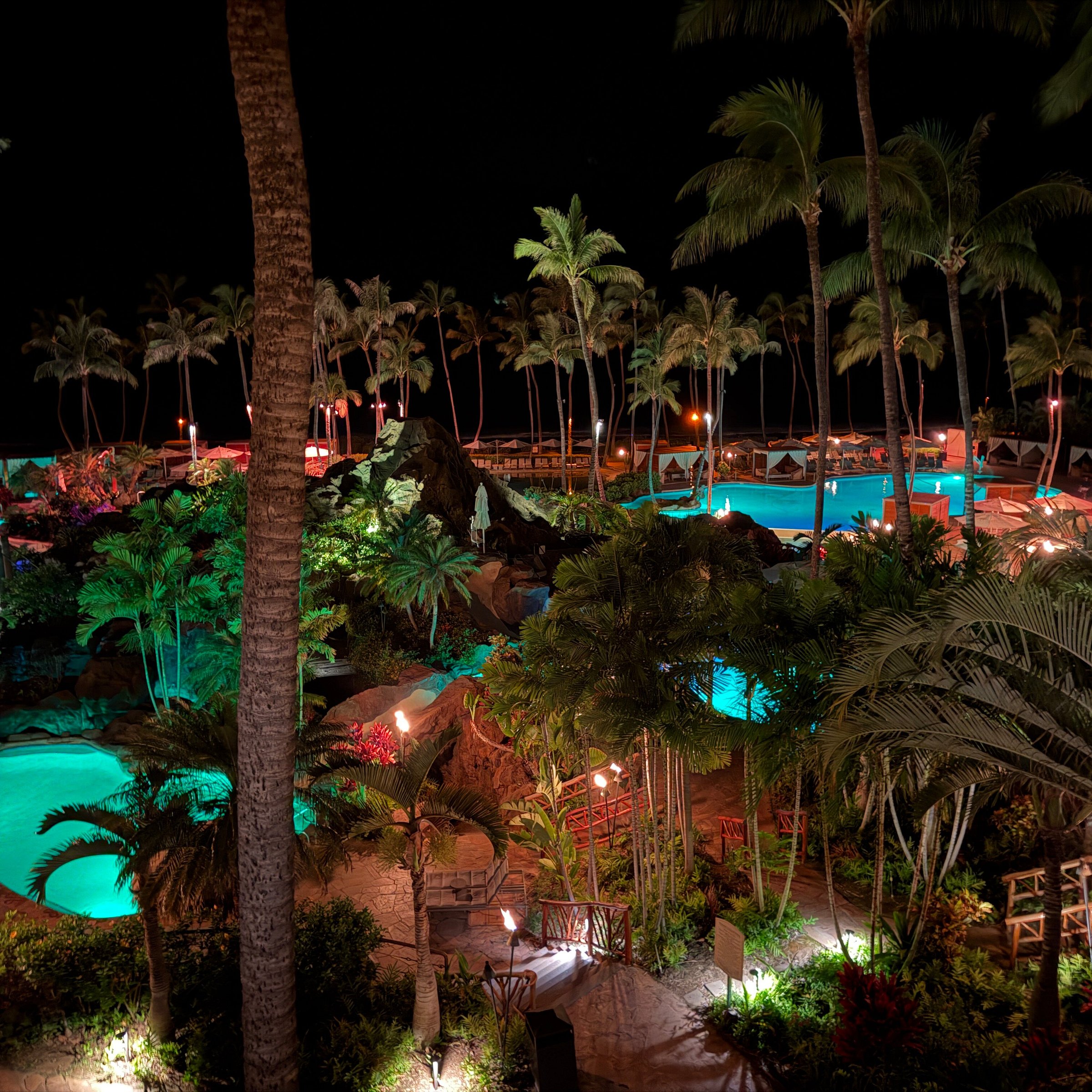 Pools and gardens after dark at Grand Wailea