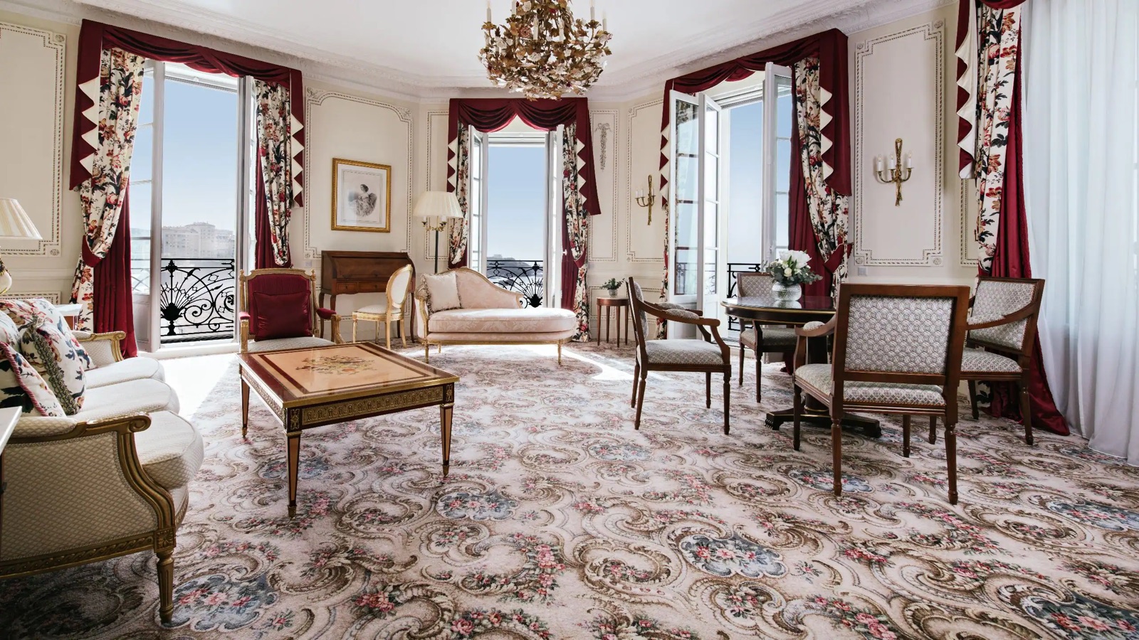 Living and dining room of the Imperial Suite at Hôtel du Palais